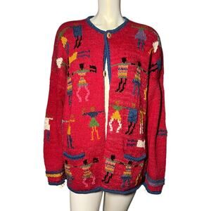 Amiano Handknit Bolivia Wool Cardigan Red Folk Art Sweater Vintage